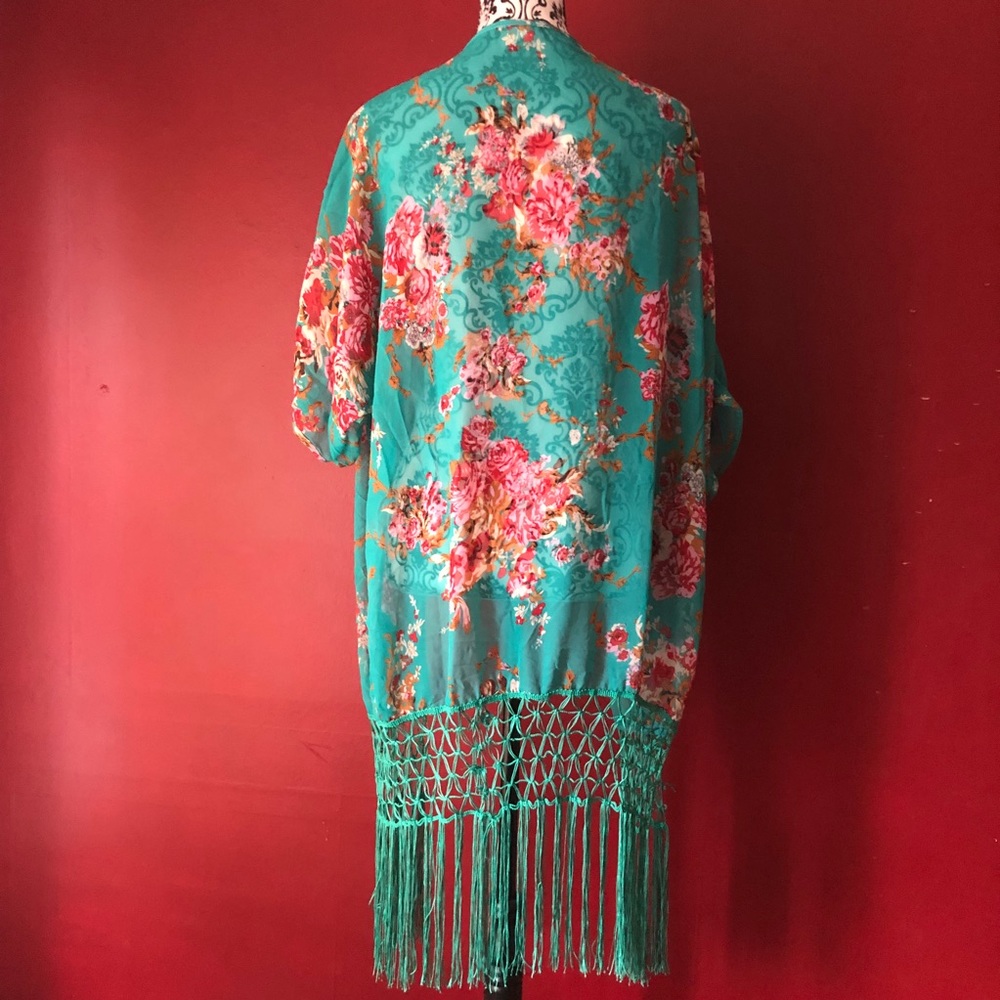 Floral kimono fringe spring summer beach casual - Picture 5 of 5
